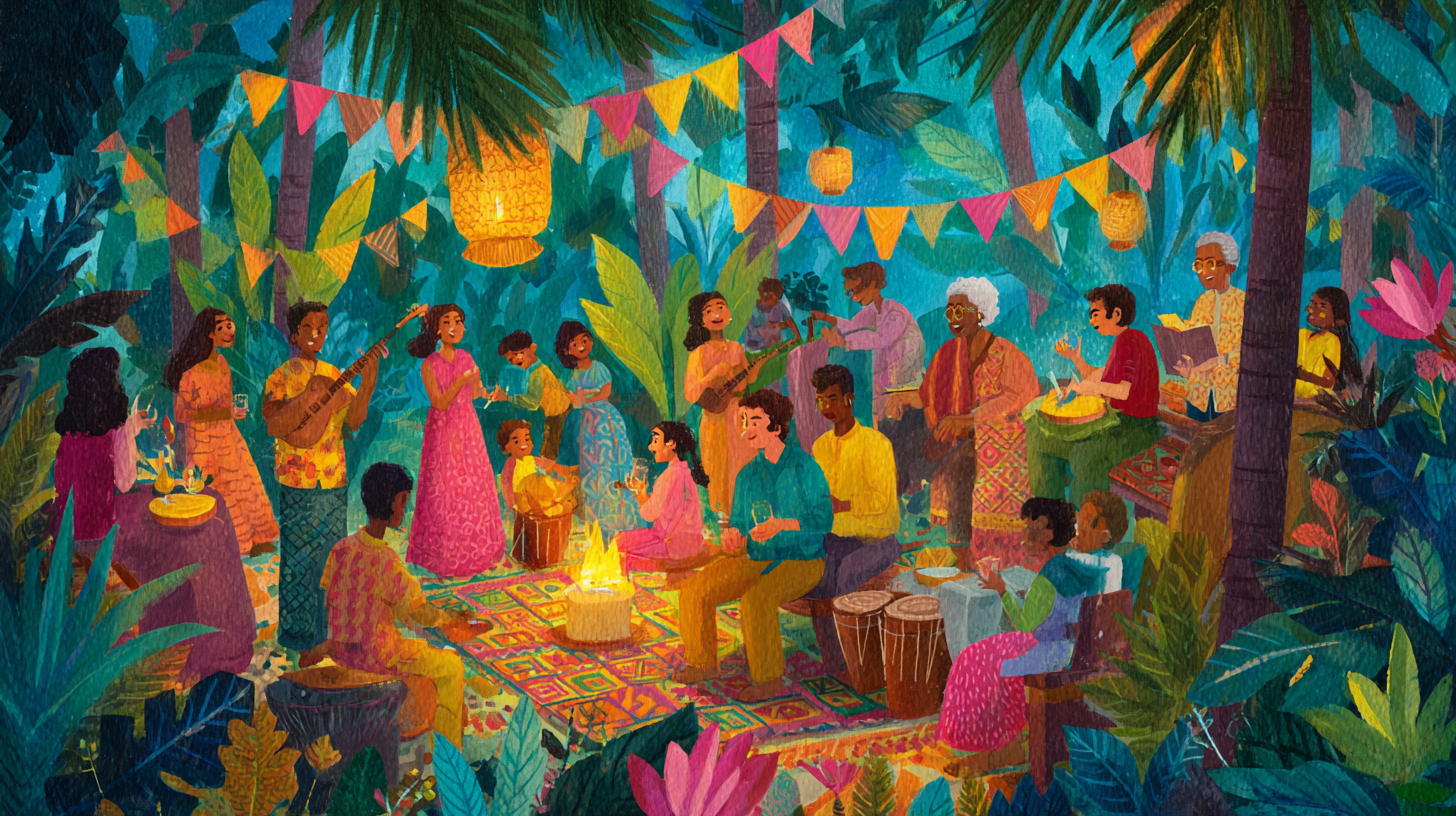 Family celebrating with symbolic traditions and experience-based activities without food focus