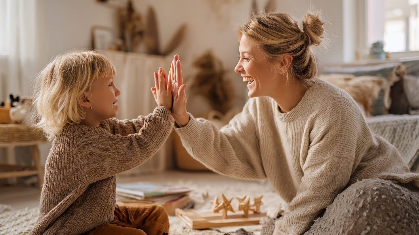Parent and child celebrating together with high-five and smiles, showing non-food rewards and quality time connection