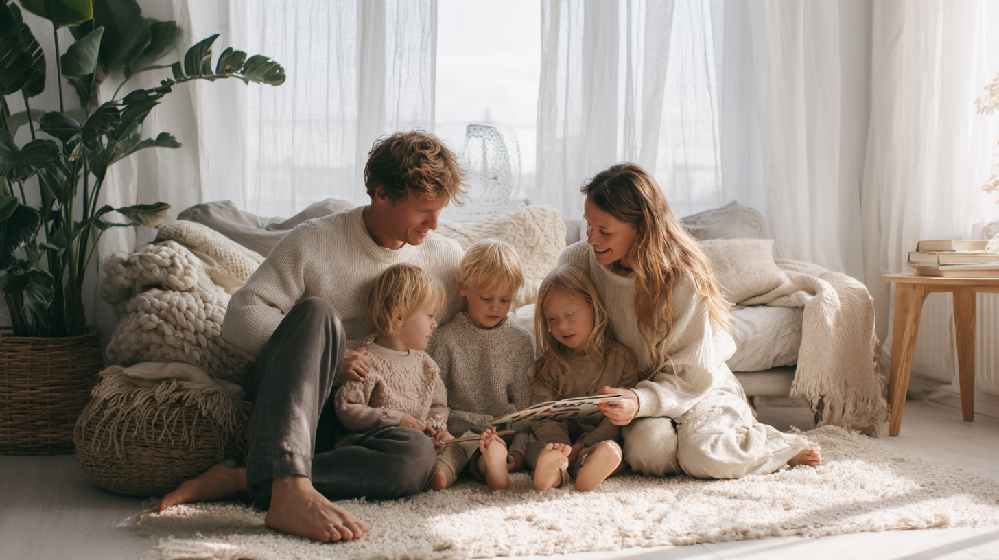 Family enjoying outdoor experience together, parents and children laughing during shared activity