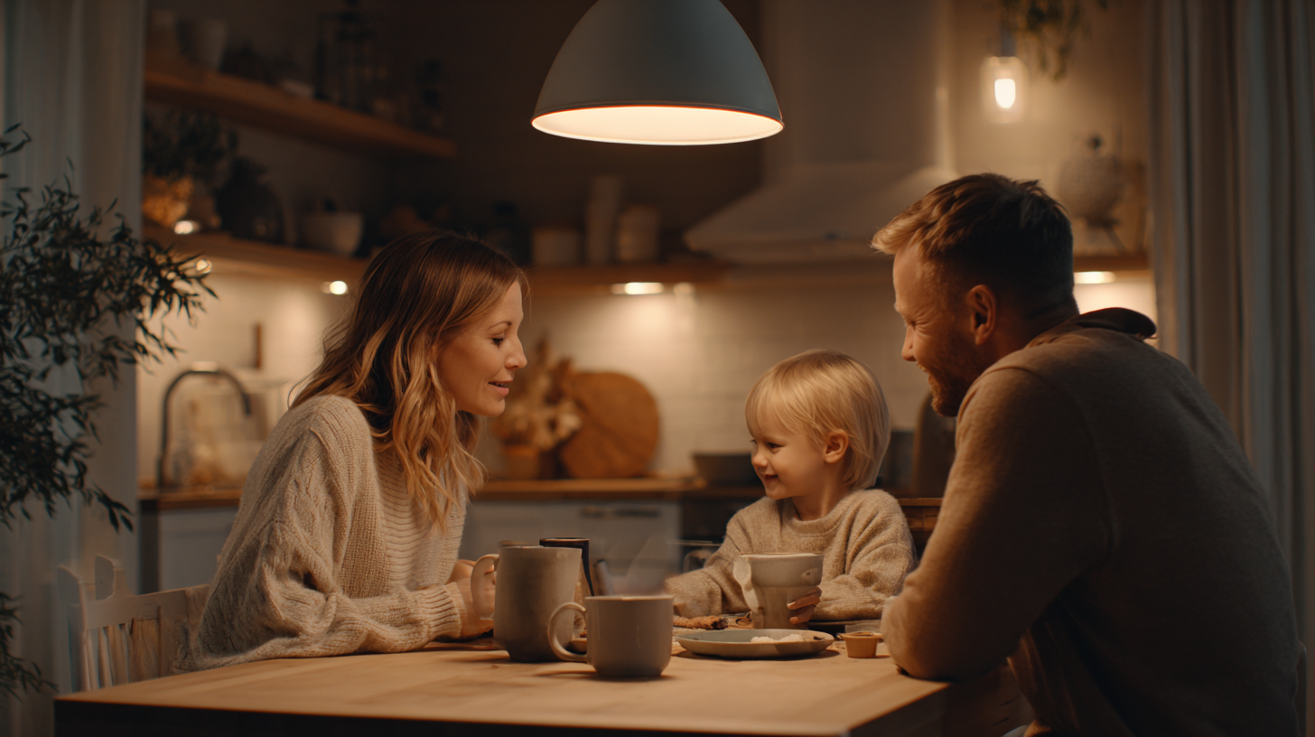 Family gathered together sharing a peaceful meal with genuine connection and eye contact