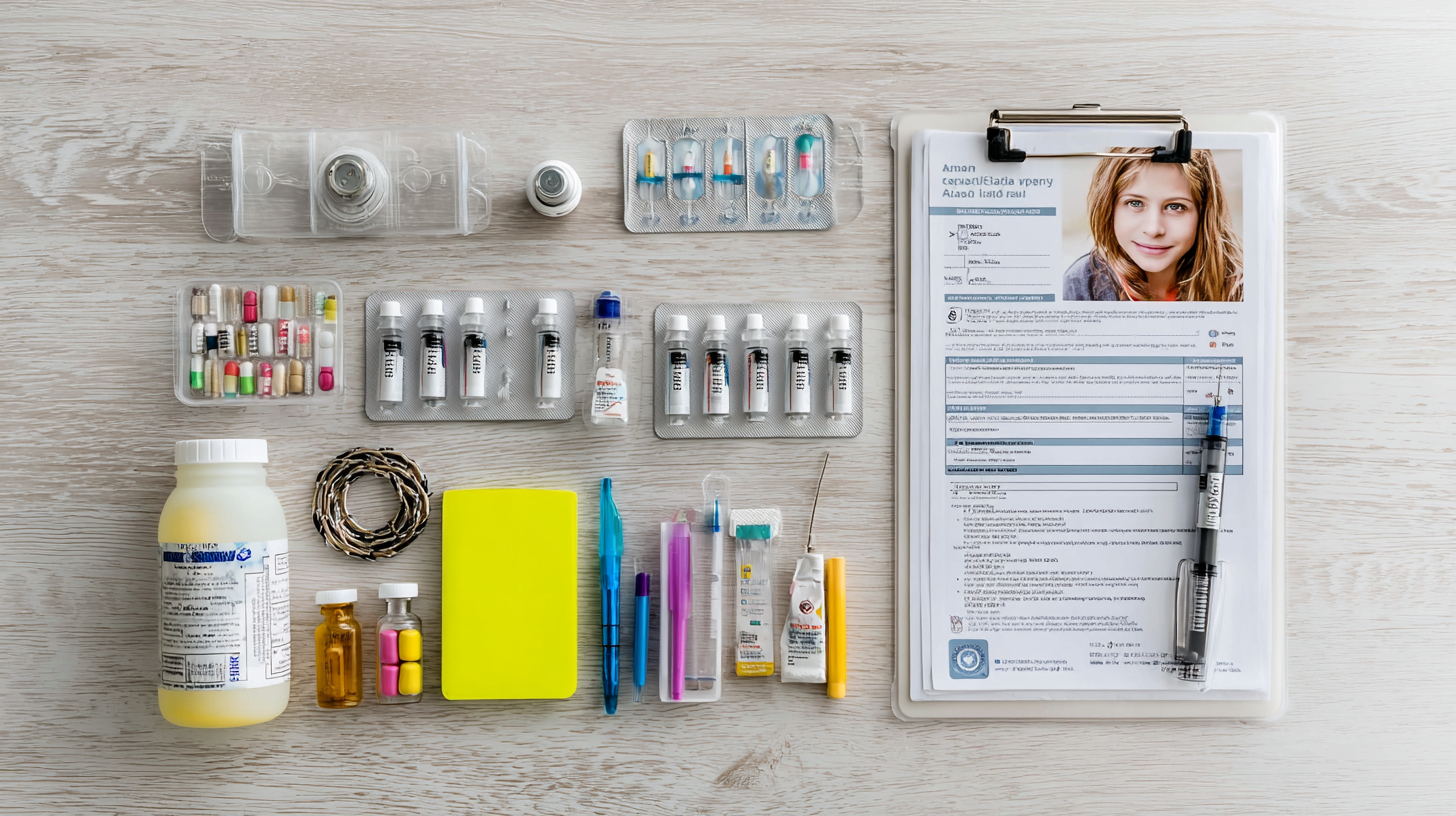 Organized food allergy emergency kit with labeled medications, safe snacks, and emergency contact cards spread out on a table