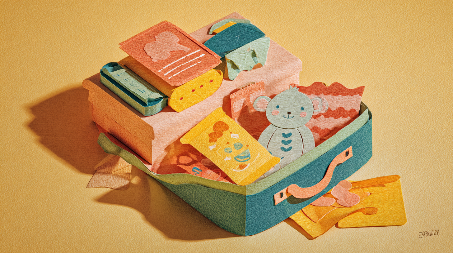 Child-friendly emergency kit bag with colorful medical alert cards, safe snacks, and comfort toys arranged neatly for quick access