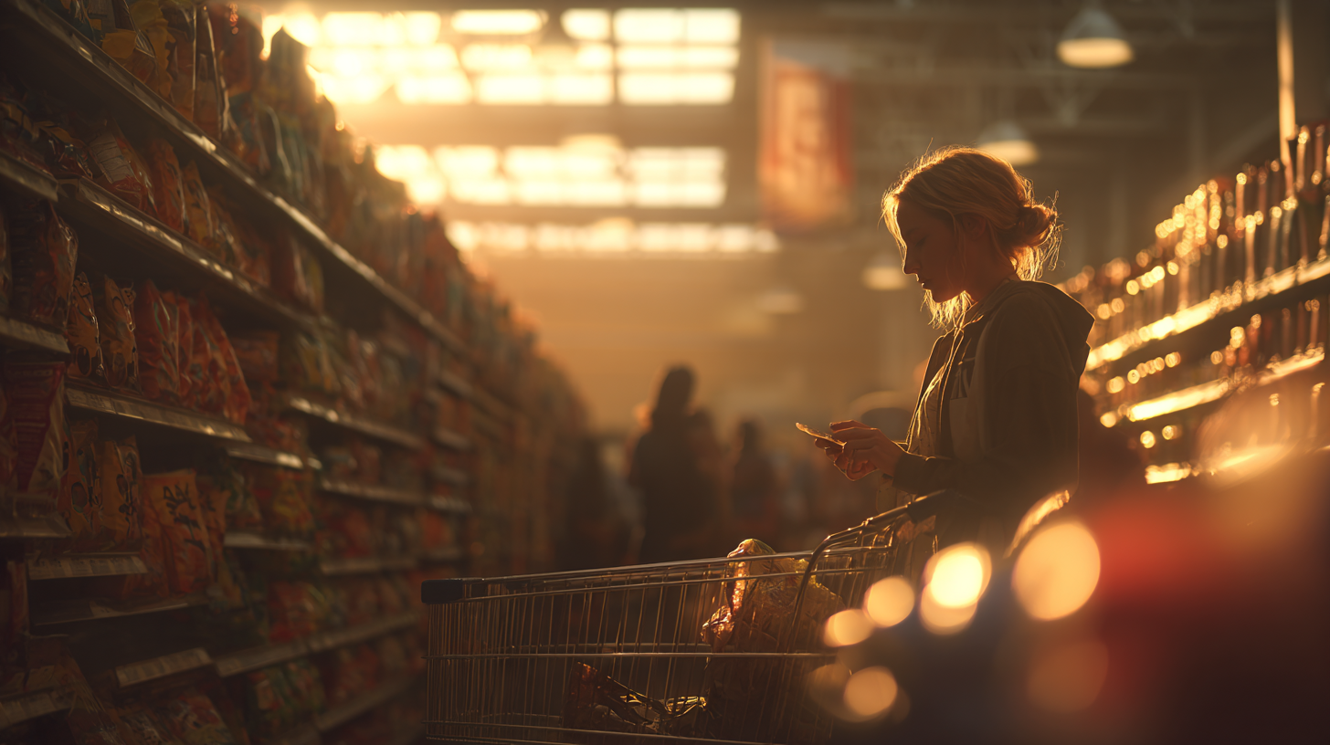 Exhausted parent reading food labels in grocery store while managing child with food allergies