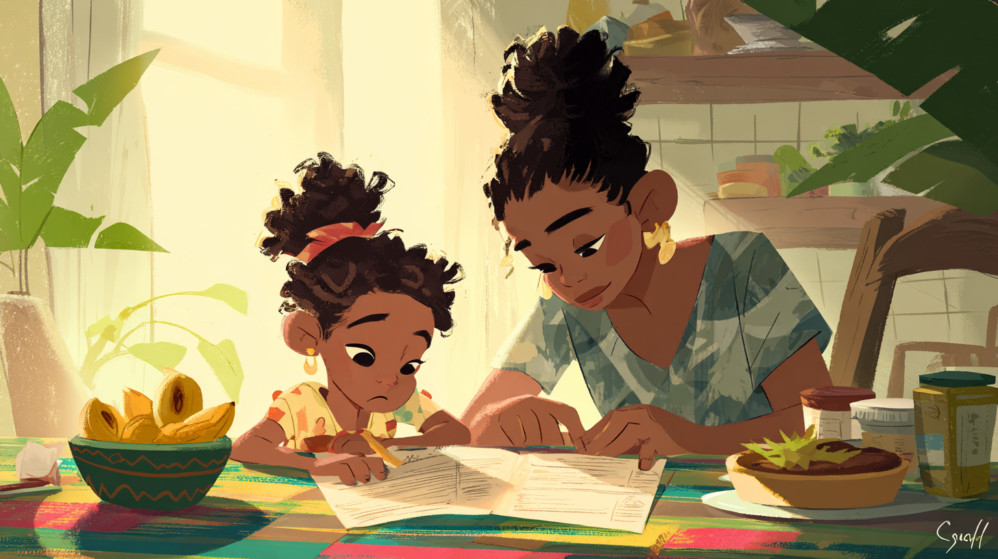Parent and child practicing food allergy safety at the kitchen table