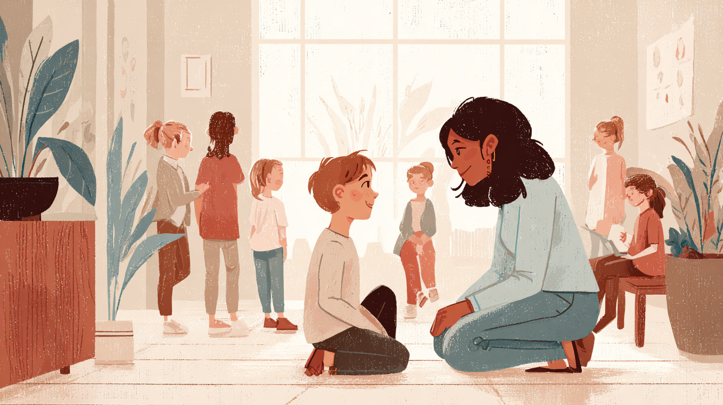 Child confidently talking with teacher about food allergies