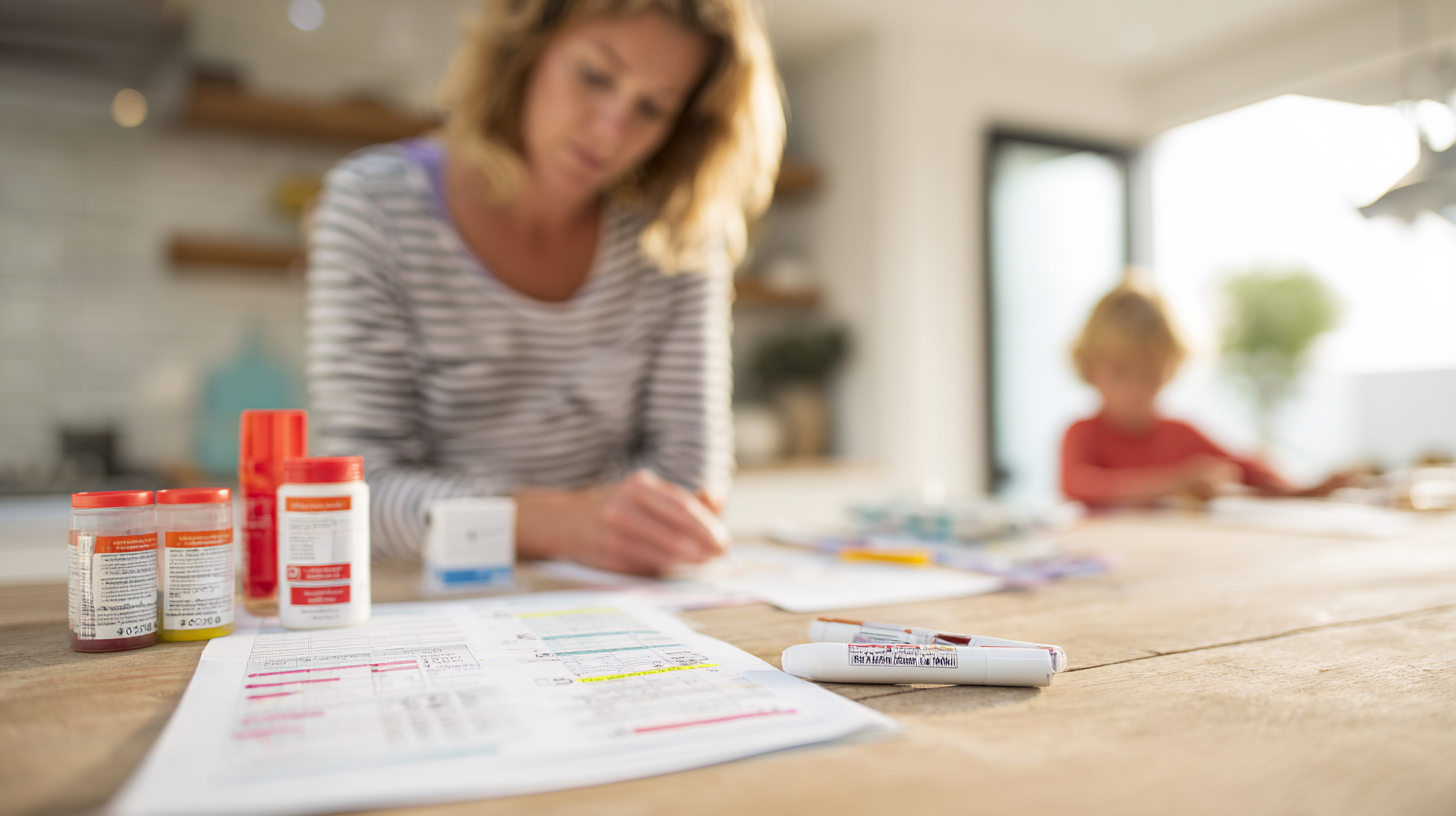 Parent reviewing food allergy action plan with emergency supplies and epinephrine auto-injector organized on kitchen counter