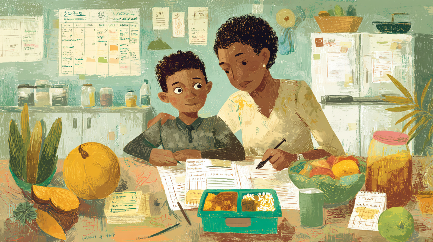 Parent and child reviewing school lunch safety for food allergies