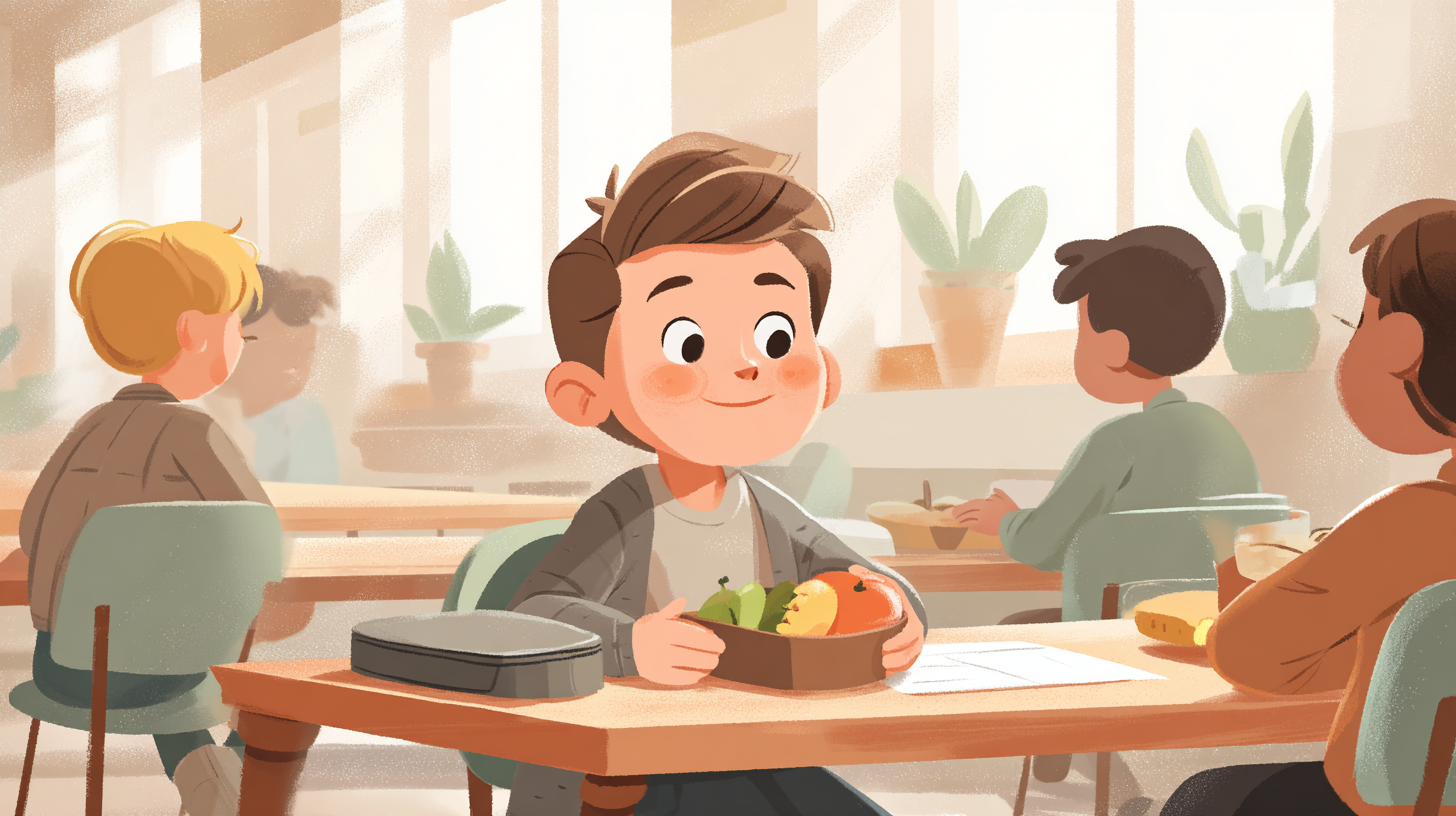 Confident child with food allergies enjoying lunch with supportive friends at school