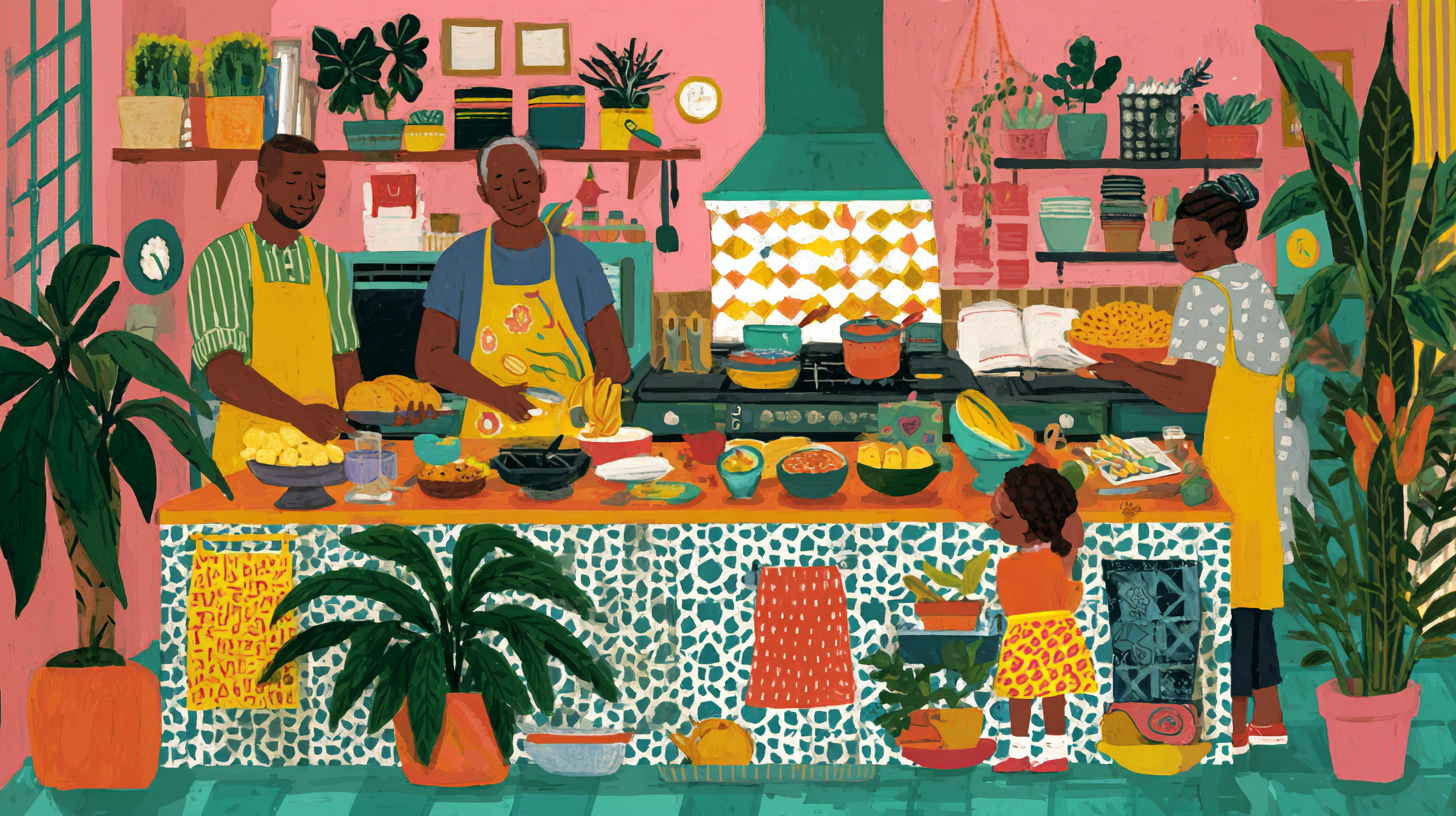 Family preparing allergen-safe meals together in kitchen, teaching food safety and inclusion