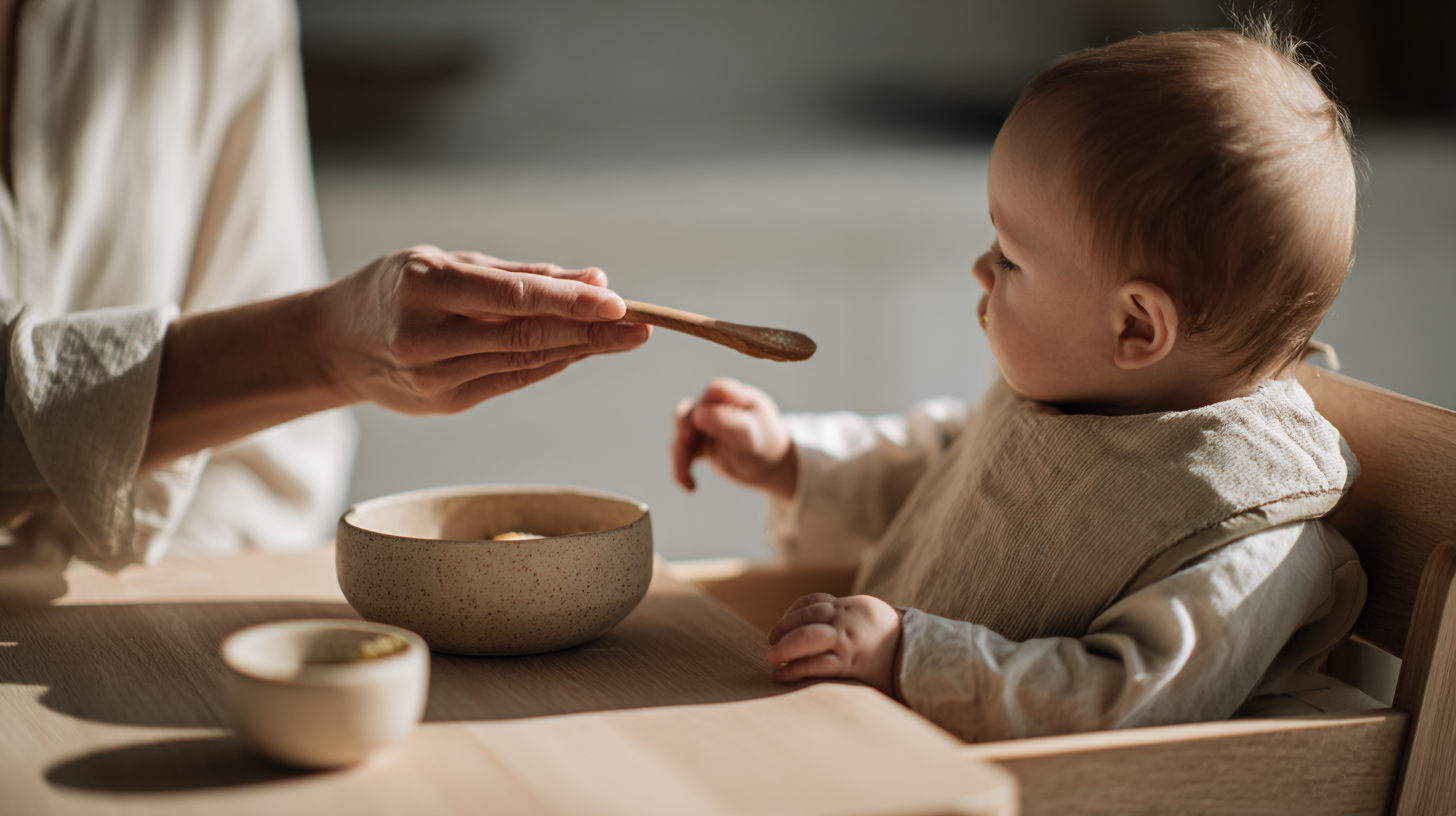 Parent offering both purees and finger foods to baby at mealtime, showing the natural combination feeding approach