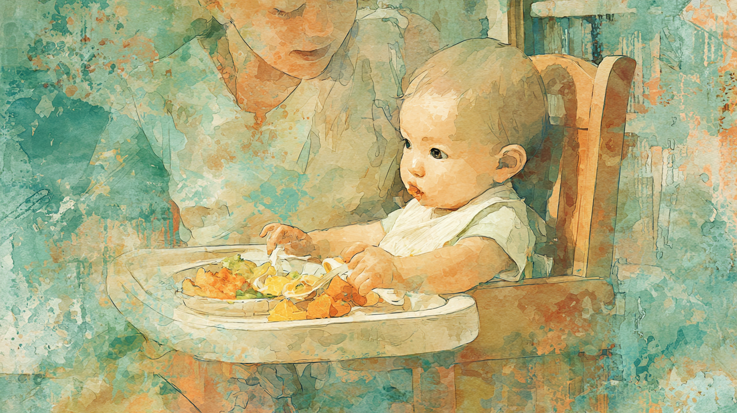 Baby eating both puree and finger foods during combination feeding meal with parent nearby