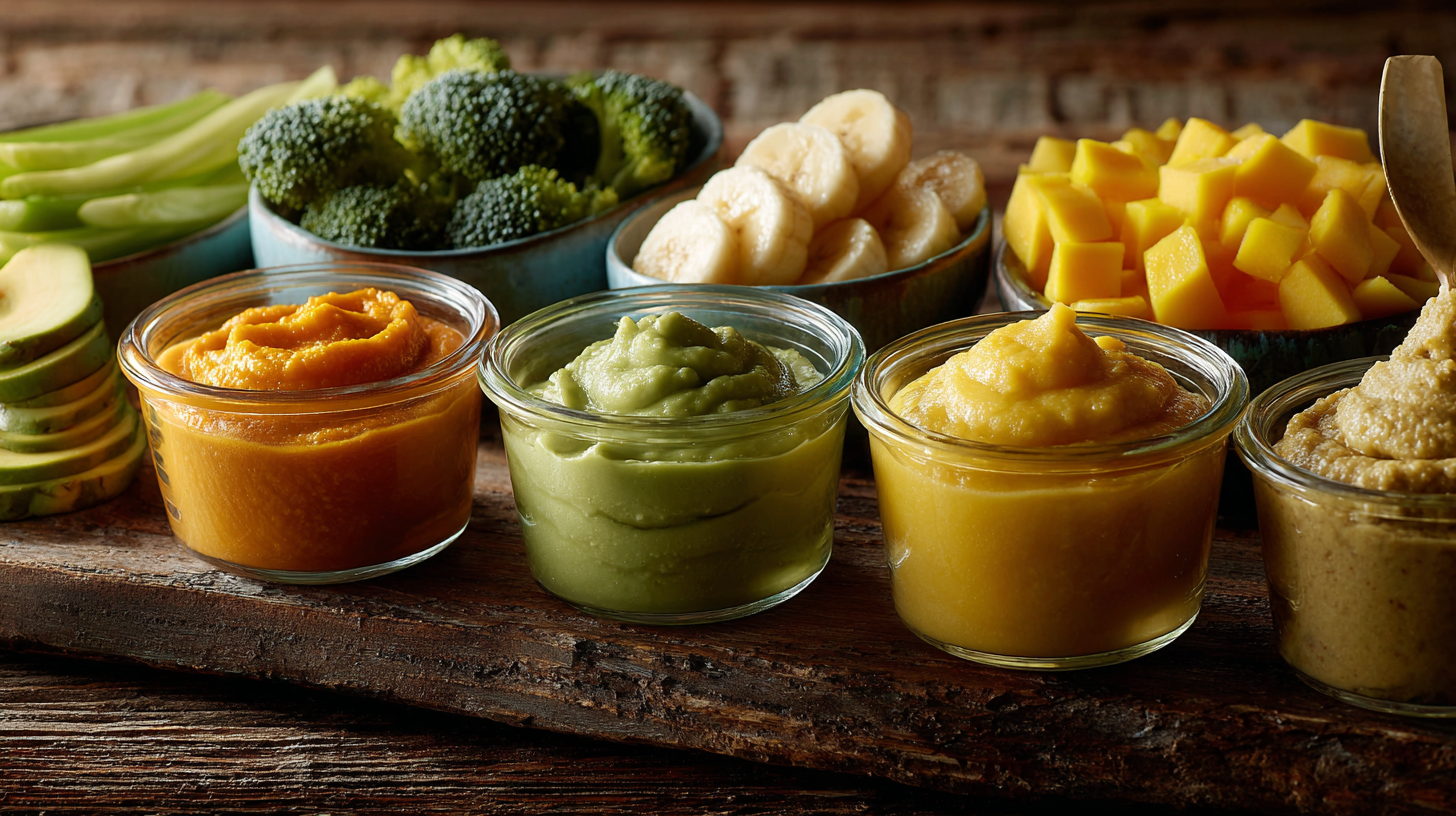 Various baby foods showing combination of purees and finger foods laid out for combo feeding approach