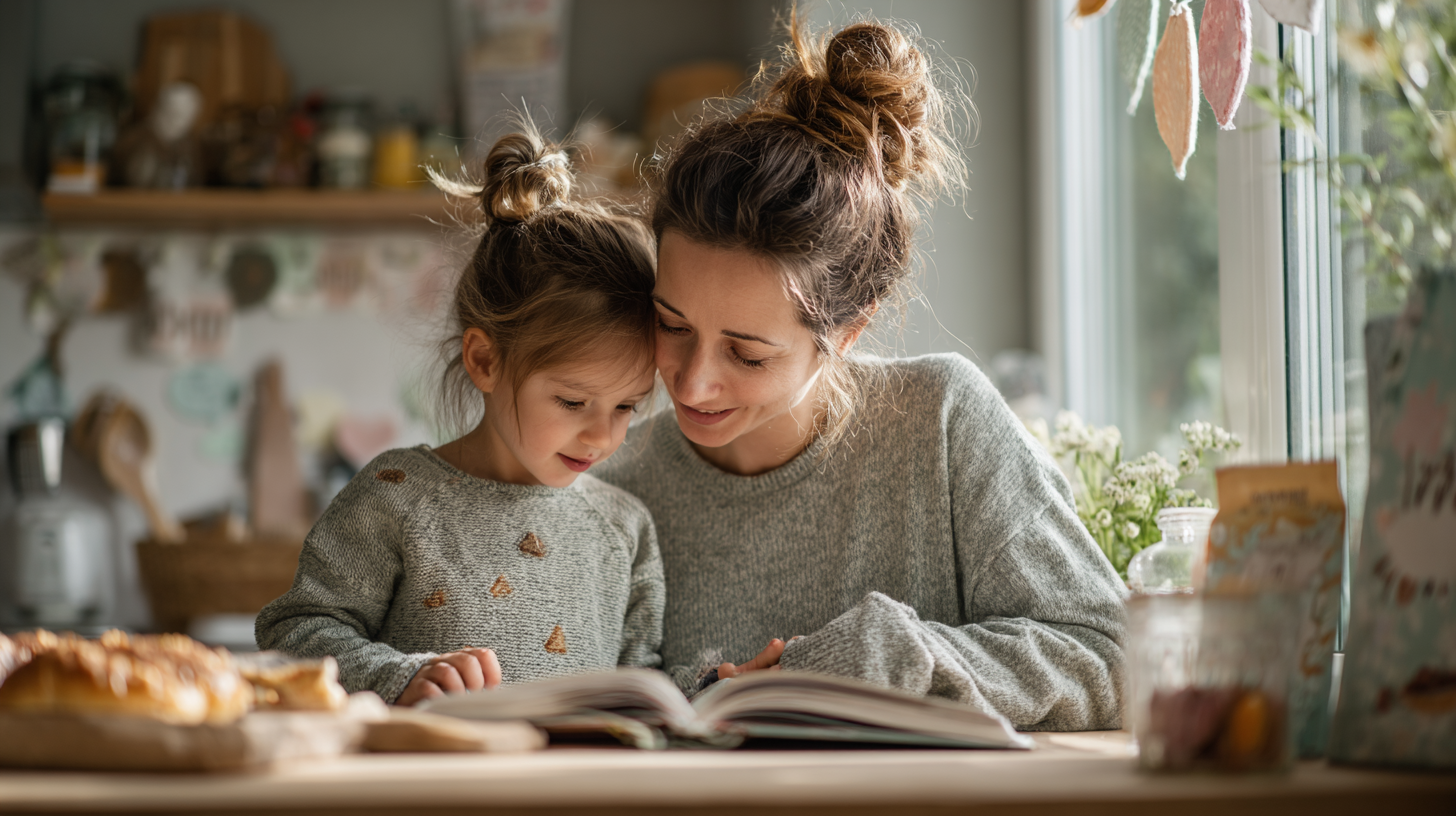 Parent and child reviewing allergy-safe party food options together with colorful birthday decorations in background