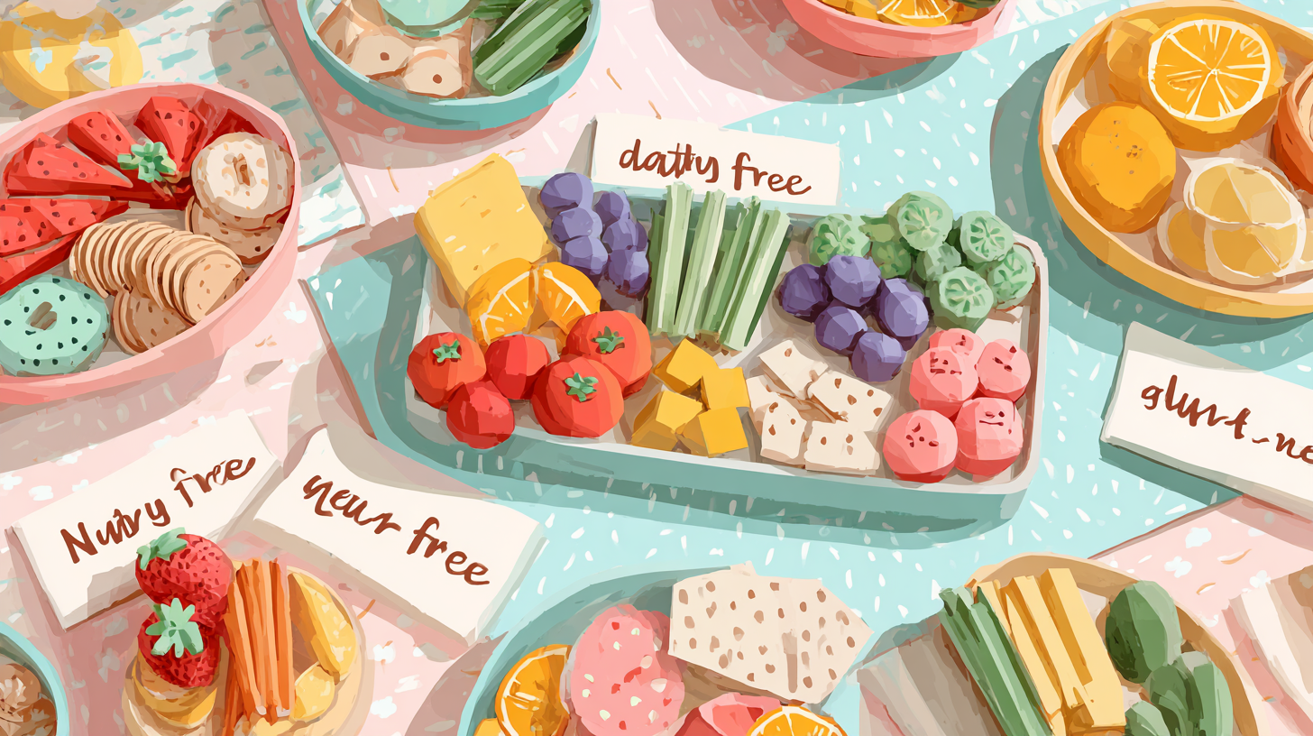 Colorful array of allergy-friendly party foods including fresh fruit platters, vegetable sticks, and safe snacks arranged on festive table