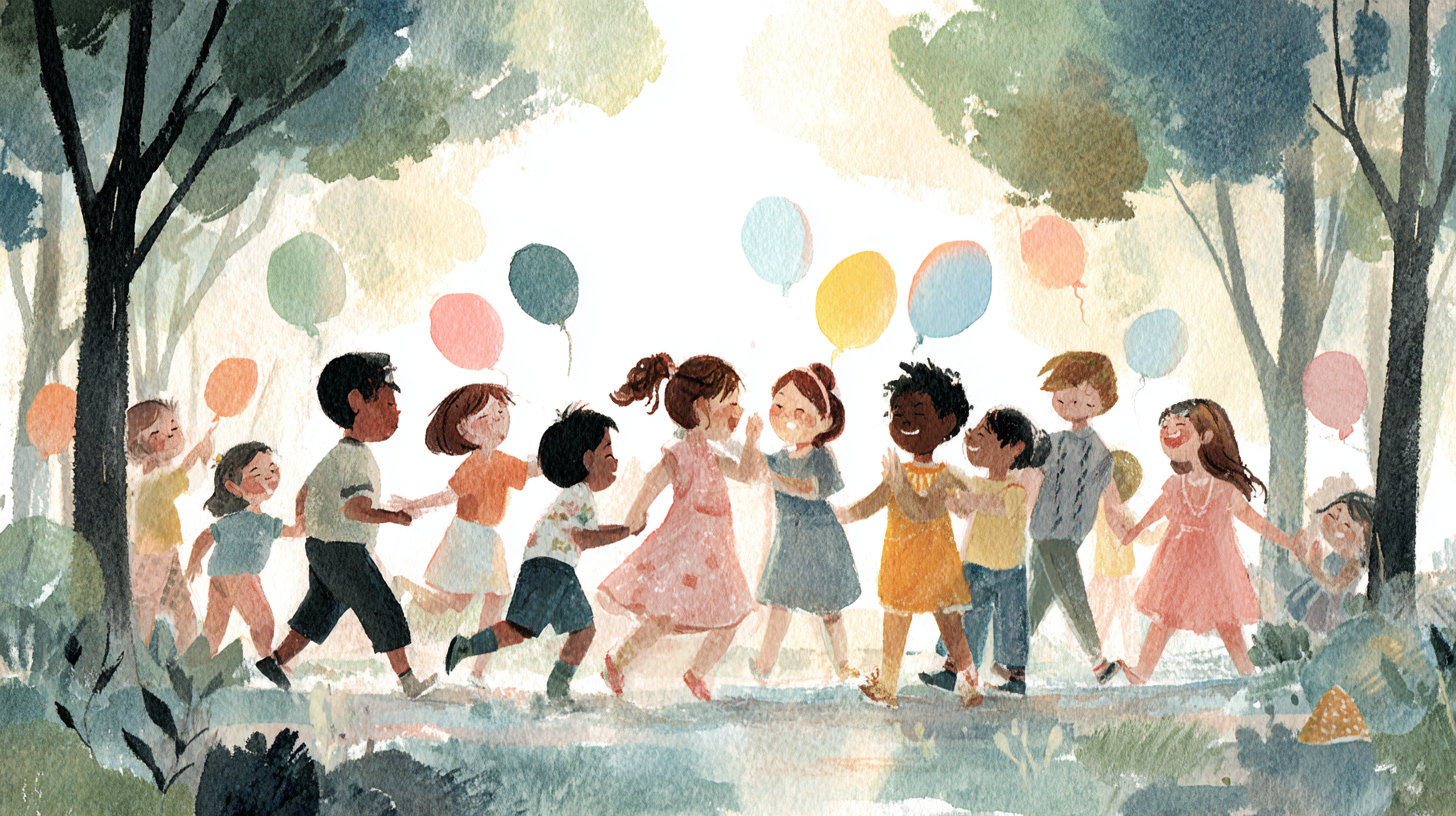 Children laughing and playing party games together, showing inclusive celebration atmosphere with diverse group of kids