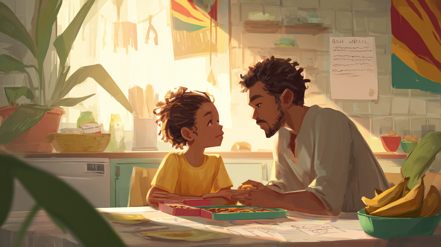 Parent and child discussing food allergies and friendship in a warm kitchen scene