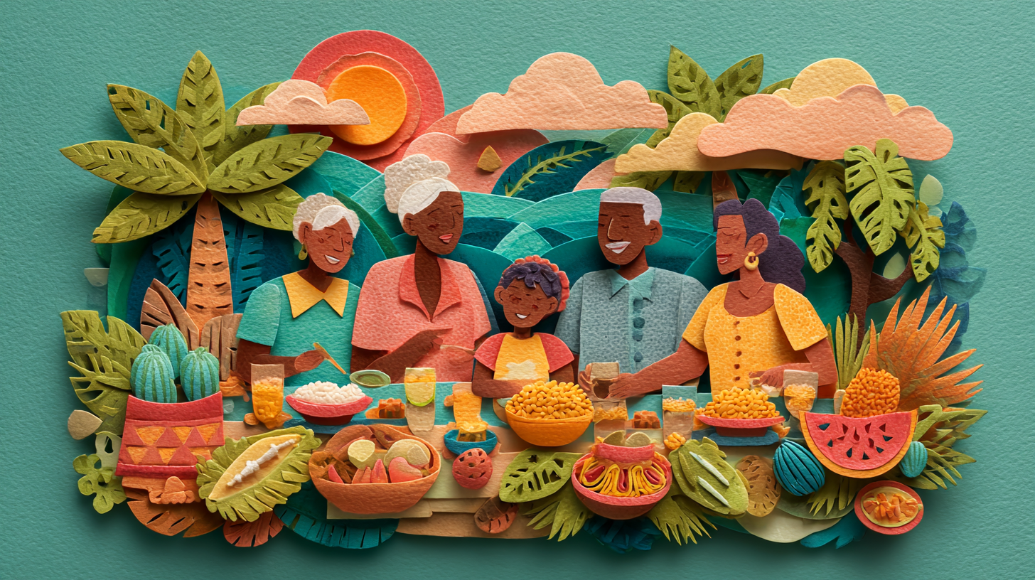 Family enjoying allergy-safe island-inspired meal together