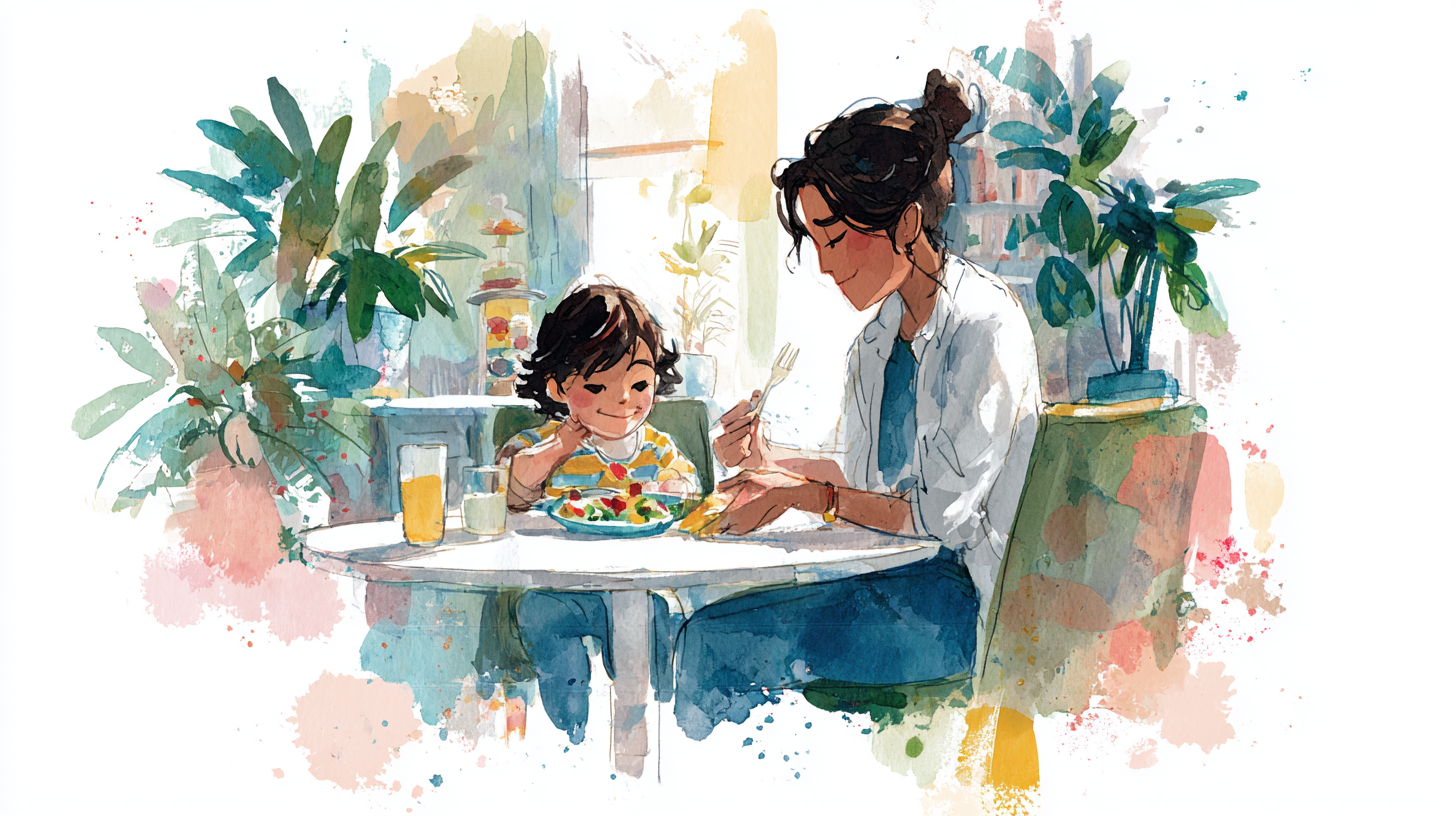 Parent and child sharing a relaxed mealtime together, emphasizing connection over perfection