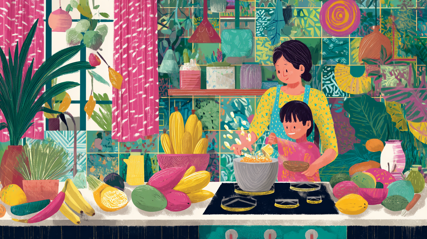 Happy parent and child cooking together in kitchen, focusing on connection and learning rather than perfect results