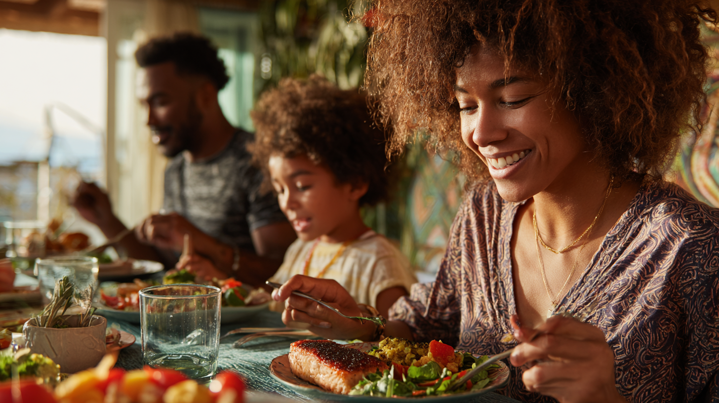 Family enjoying a balanced meal together with colorful vegetables and proteins on the table