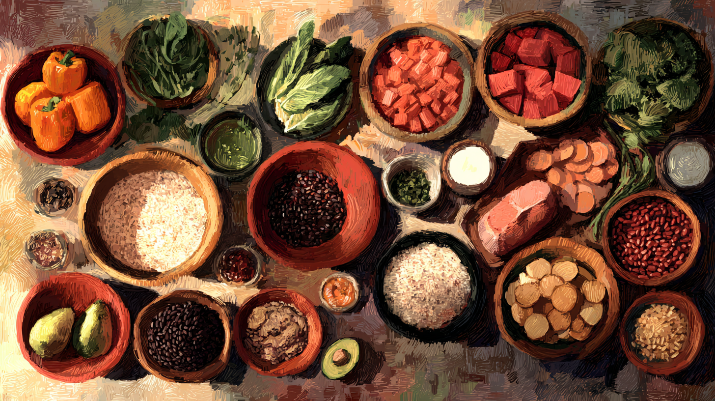 Colorful array of fresh vegetables, fruits, whole grains, and lean proteins arranged on a kitchen counter
