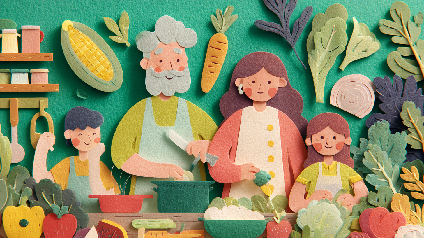 Happy family cooking together in kitchen with children helping prepare vegetables