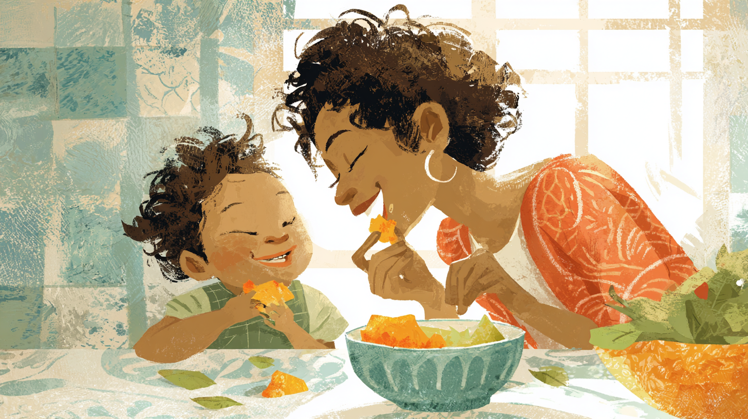 Parent serving colorful Caribbean-inspired baby food to a smiling child