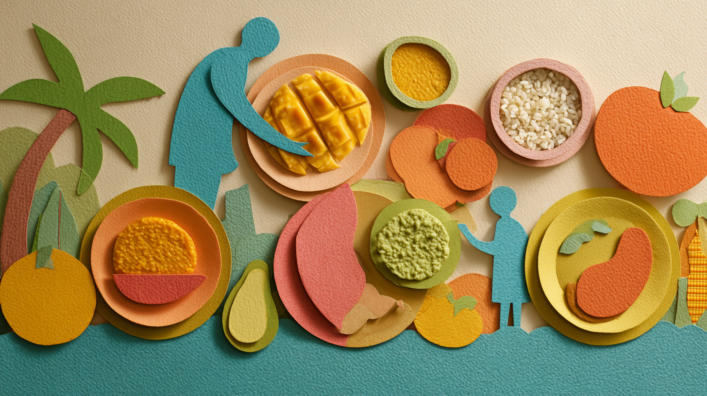 Caribbean baby food dishes prepared with colorful ingredients like pumpkin, plantain, and beans