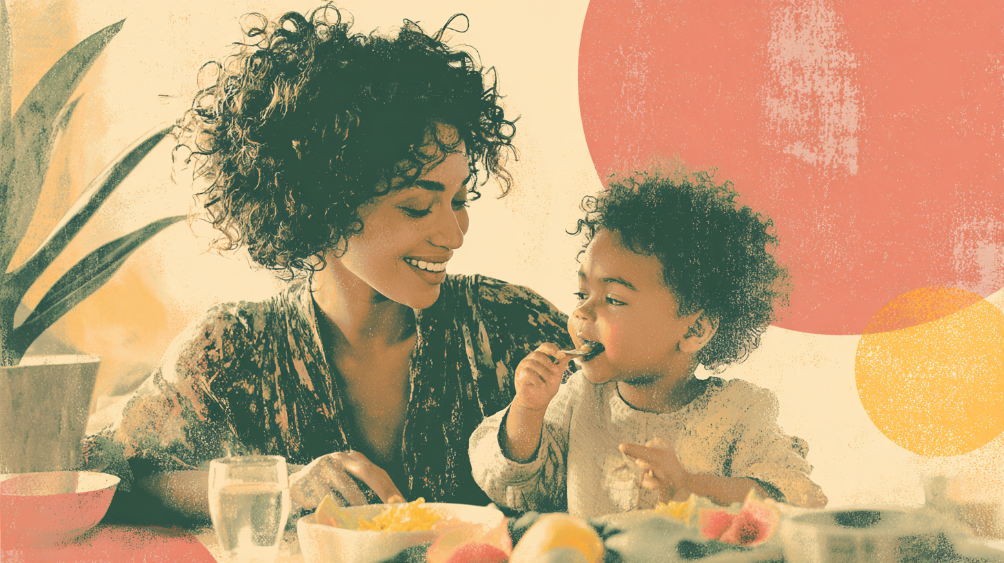 Positive mealtime moments showing parent-child bonding during feeding
