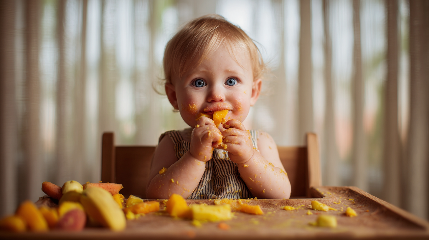 Baby self-feeding with finger foods during baby-led weaning experiment