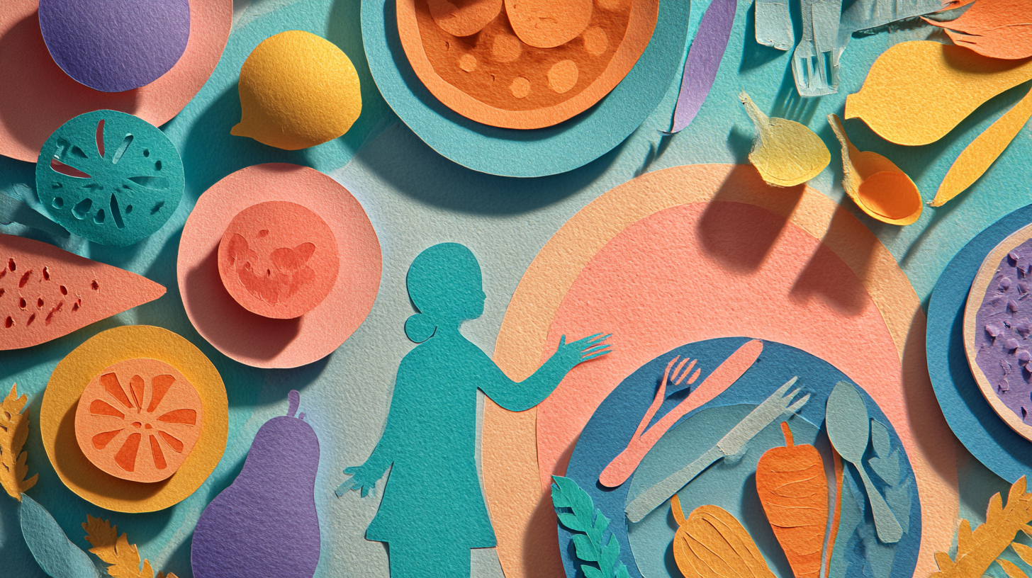 Variety of colorful, nutritious foods arranged on a table, showing the diversity of a feeding journey
