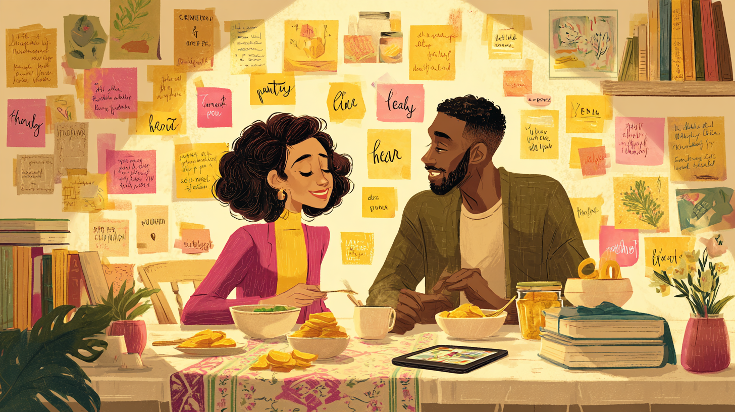 Parents discussing feeding philosophy surrounded by cultural food traditions and modern parenting books
