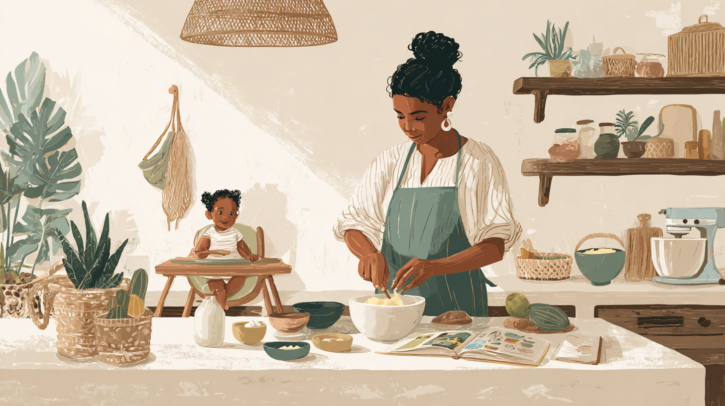 Mother preparing traditional Caribbean baby food with fresh ingredients and family recipe book