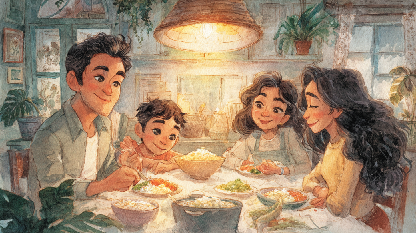 Family gathered around dinner table sharing a meal together with warm lighting and genuine connection