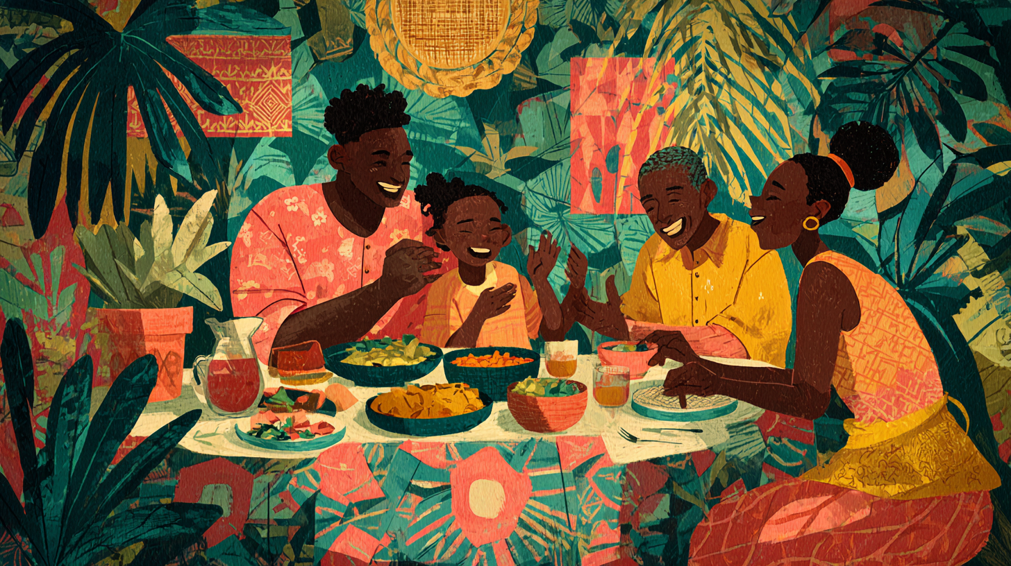 Family sharing stories and laughing together at the dinner table with no devices in sight