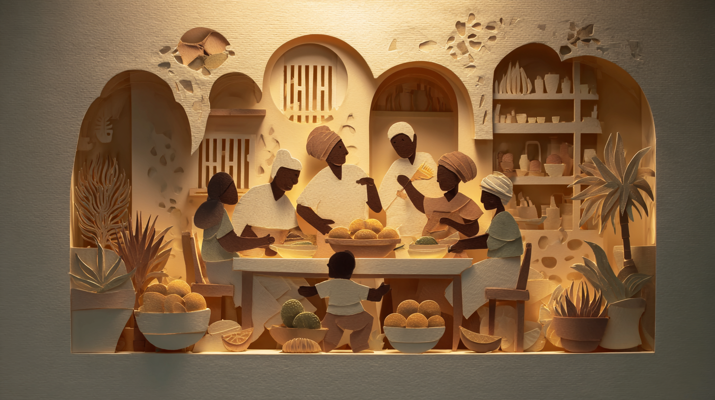 Multi-generational family enjoying a relaxed meal together with authentic Caribbean dishes and genuine smiles