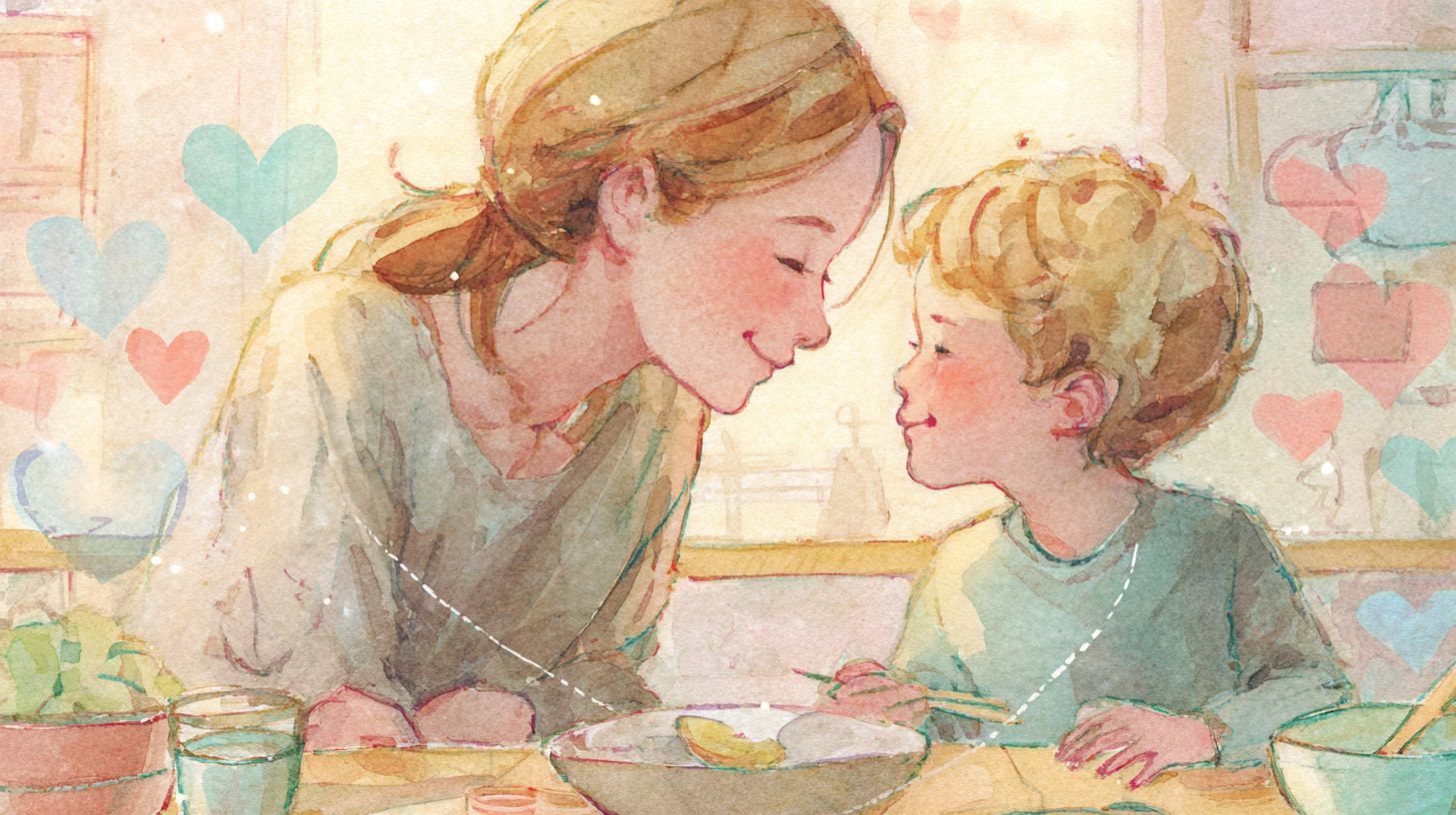 Parent and child sharing a peaceful mealtime together, demonstrating intuitive eating principles and body trust