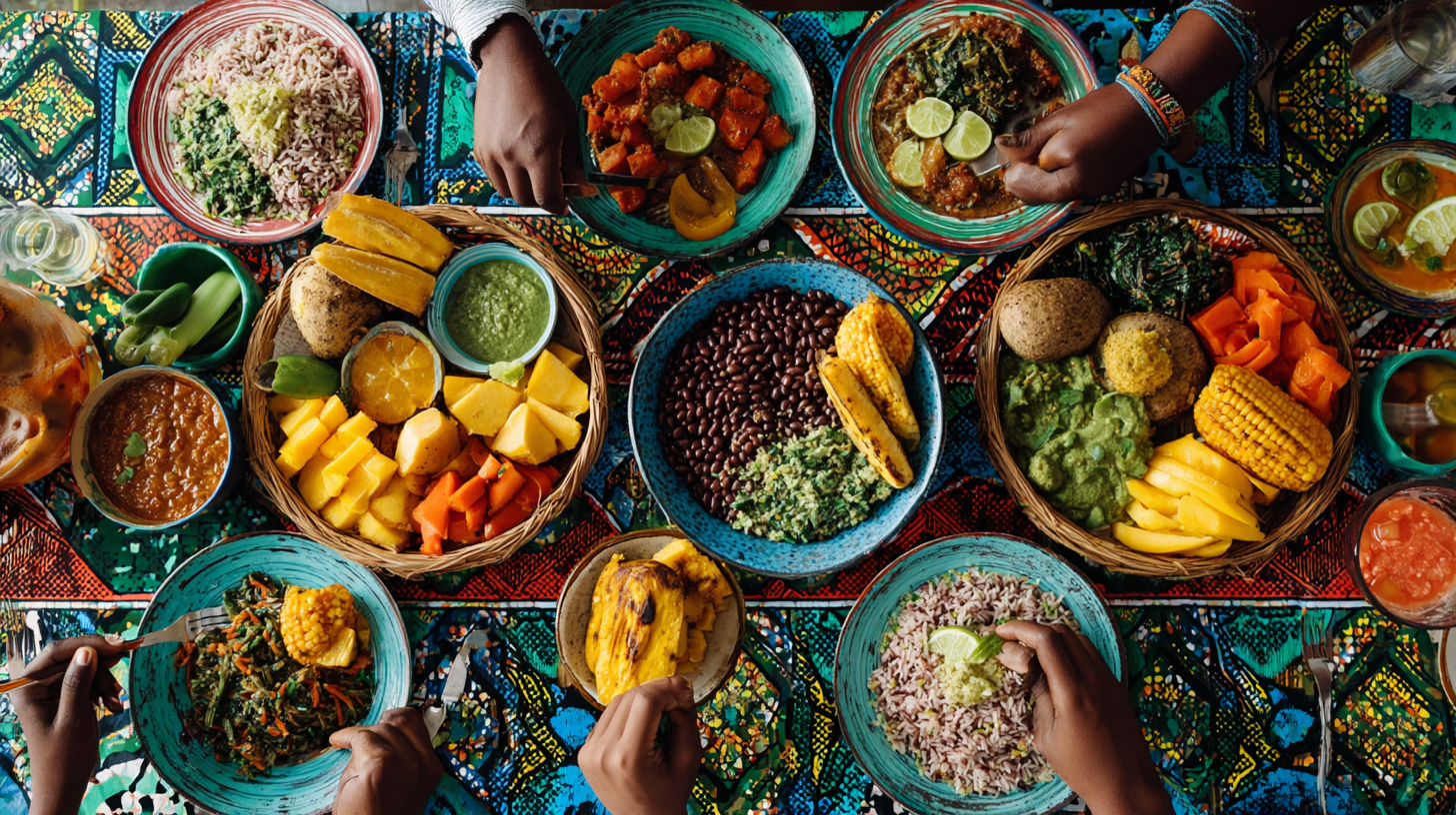 Diverse array of healthy foods arranged on a table showing variety and choice for intuitive eating