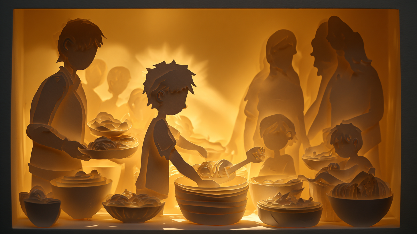 Child confidently serving themselves food from family-style dishes demonstrating food autonomy
