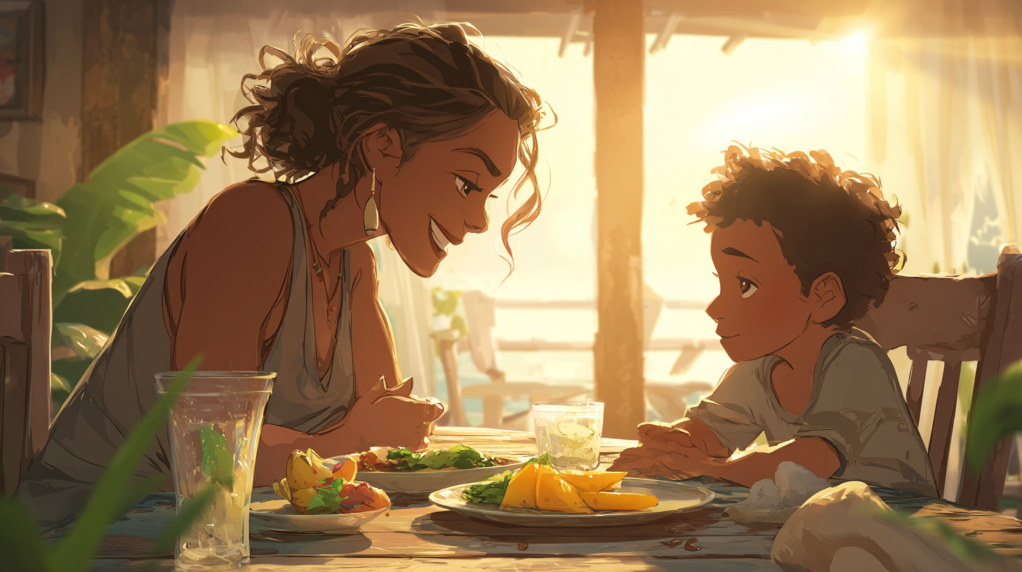 Parent and child at dinner table with focus on child's autonomy and self-regulation during mealtime