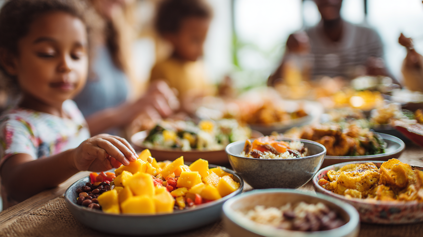 Family gathered around a colorful Caribbean meal, children exploring different foods with curiosity and joy