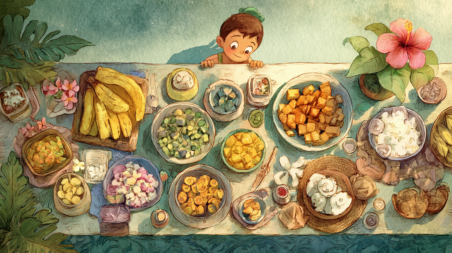 Caribbean table filled with diverse foods: plantains, beans, rice, sweet potatoes, mangoes, and traditional dishes