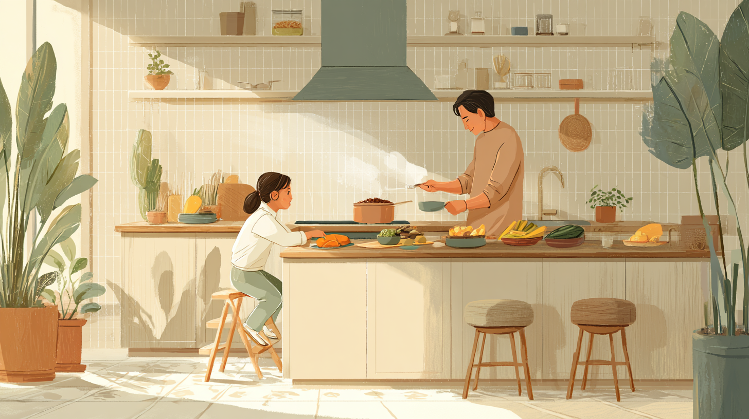 Child helping parent prepare colorful Caribbean meal, smiling and tasting ingredients with joy and curiosity