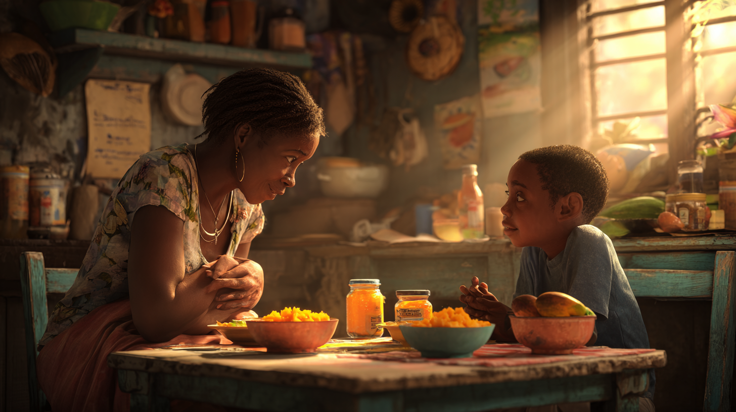 Parent helping child understand body signals and hunger cues with supportive communication