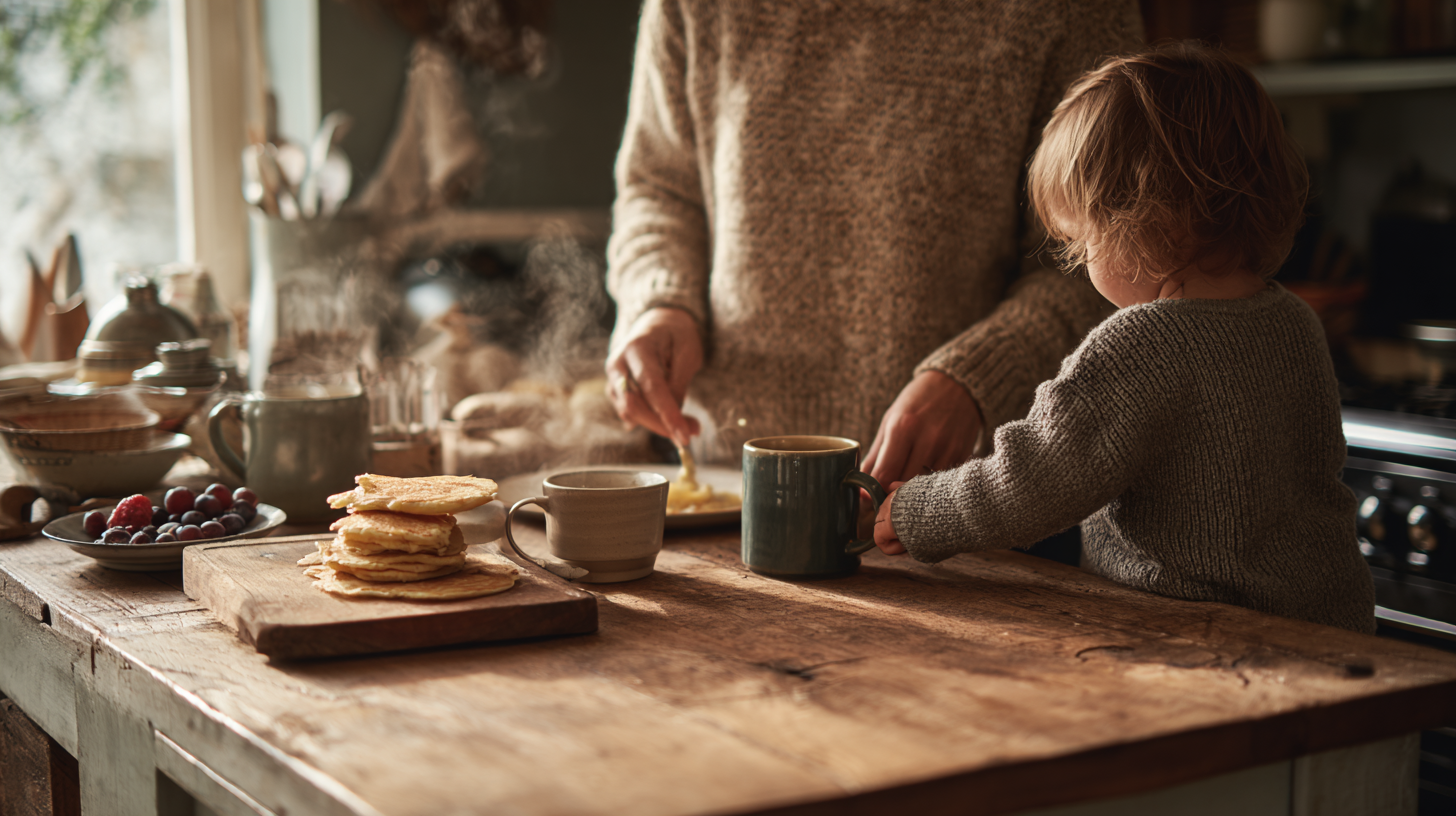 Family gathered around kitchen table cooking together creating food traditions