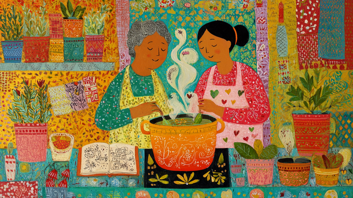 Grandmother teaching granddaughter family recipe in kitchen passing down heritage