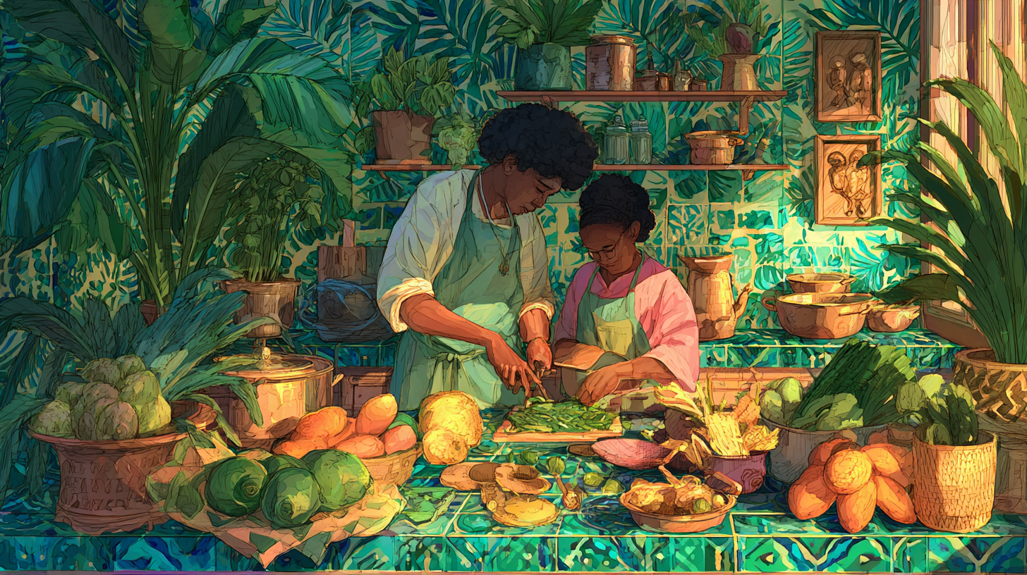 Happy parent and child cooking together in kitchen, representing positive food relationship without pressure