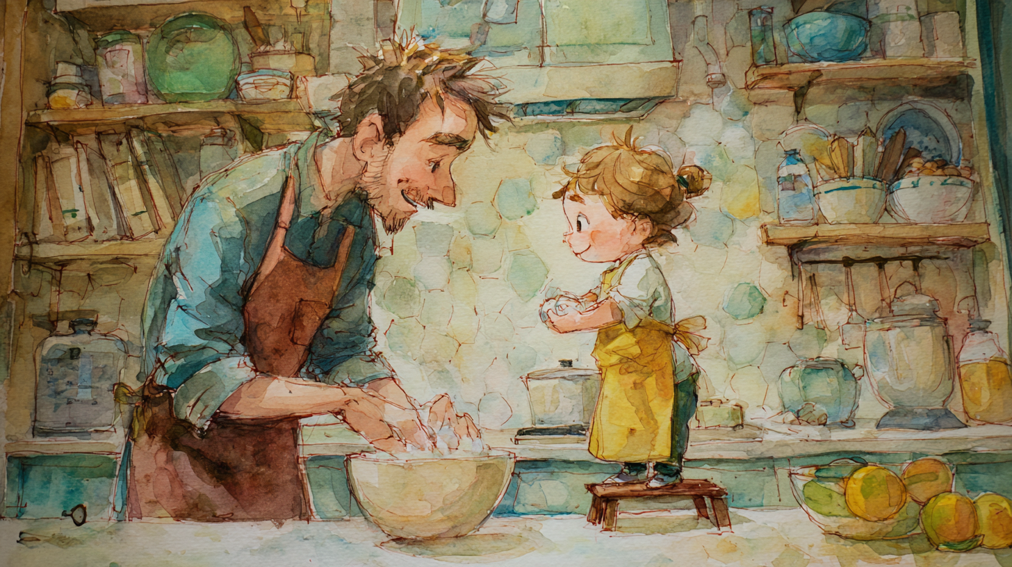Family cooking together in kitchen with children actively participating in meal preparation