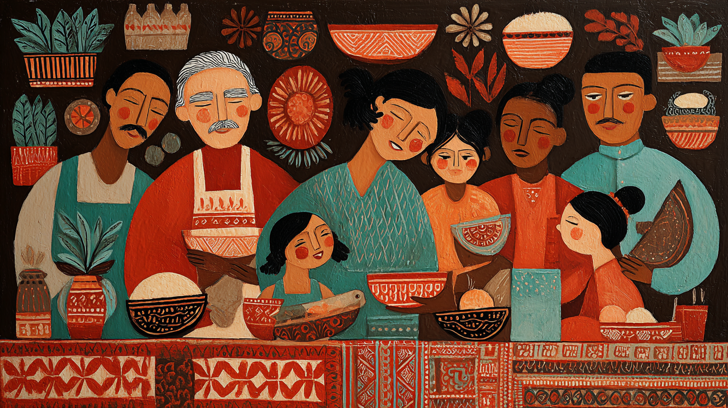 Multigenerational family cooking traditional cultural recipes together passing down heritage through food preparation