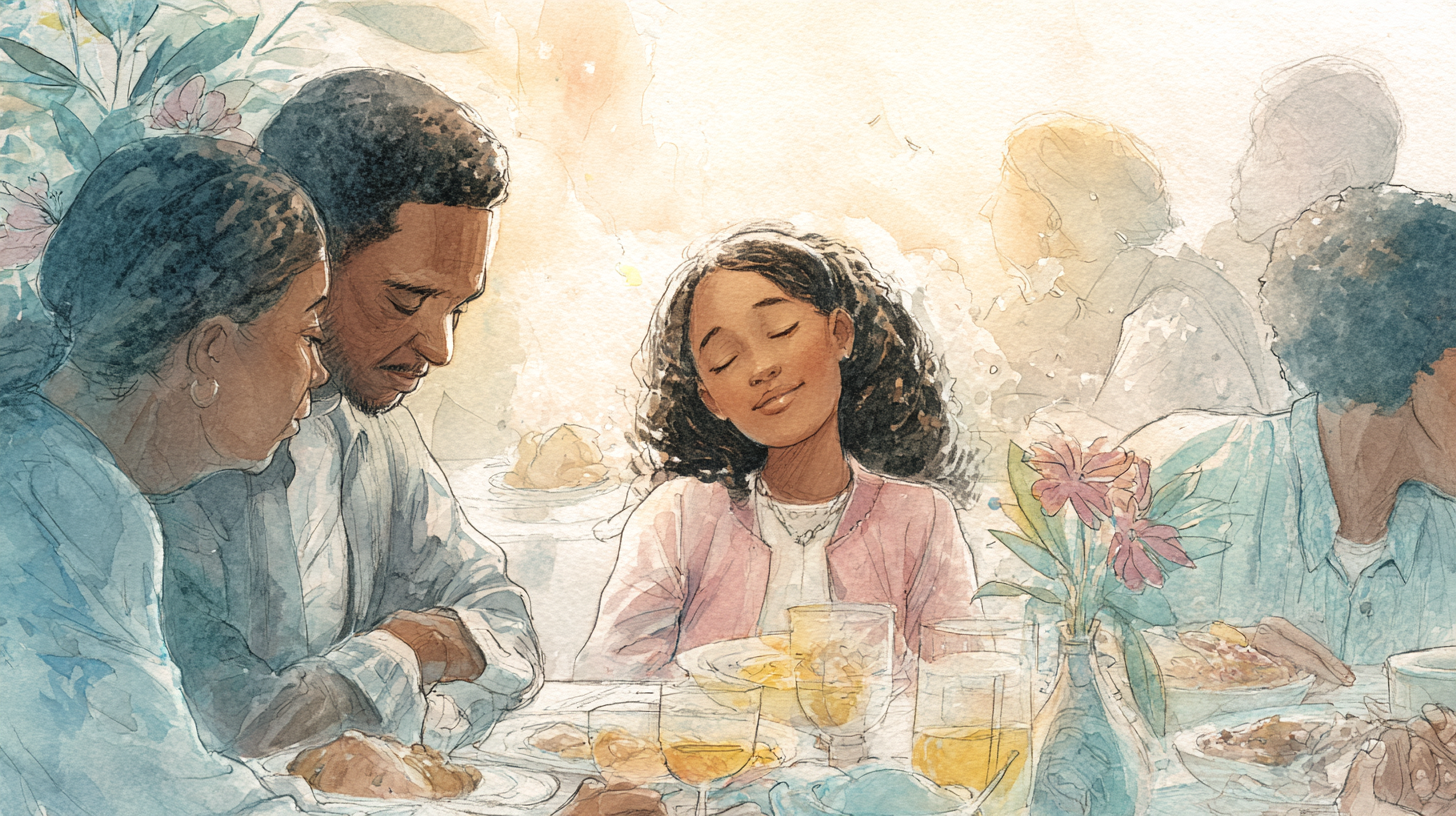 Family gathered around dinner table sharing a meal with warmth and connection